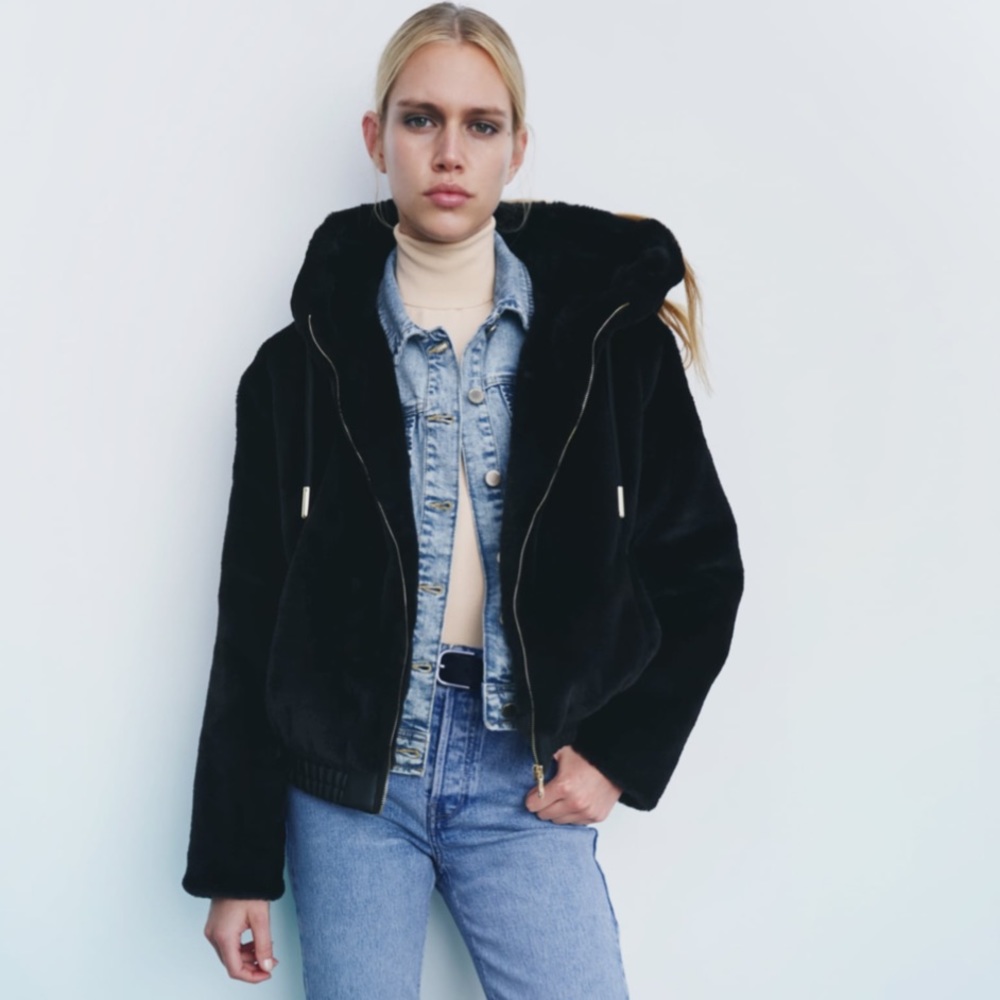 Zara Black Fur Hoodie Jacket